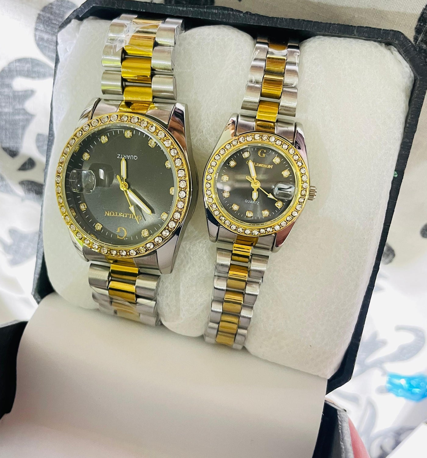 Elegant Two-Tone Couple's Watch Set, Crystal Accents